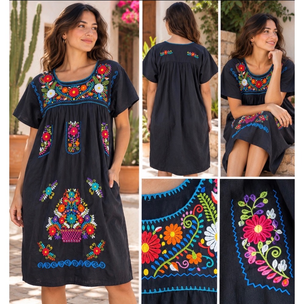 Mexican Floral Embroidered Puebla Dress Black Short Sleeve Boho Midi Pockets L